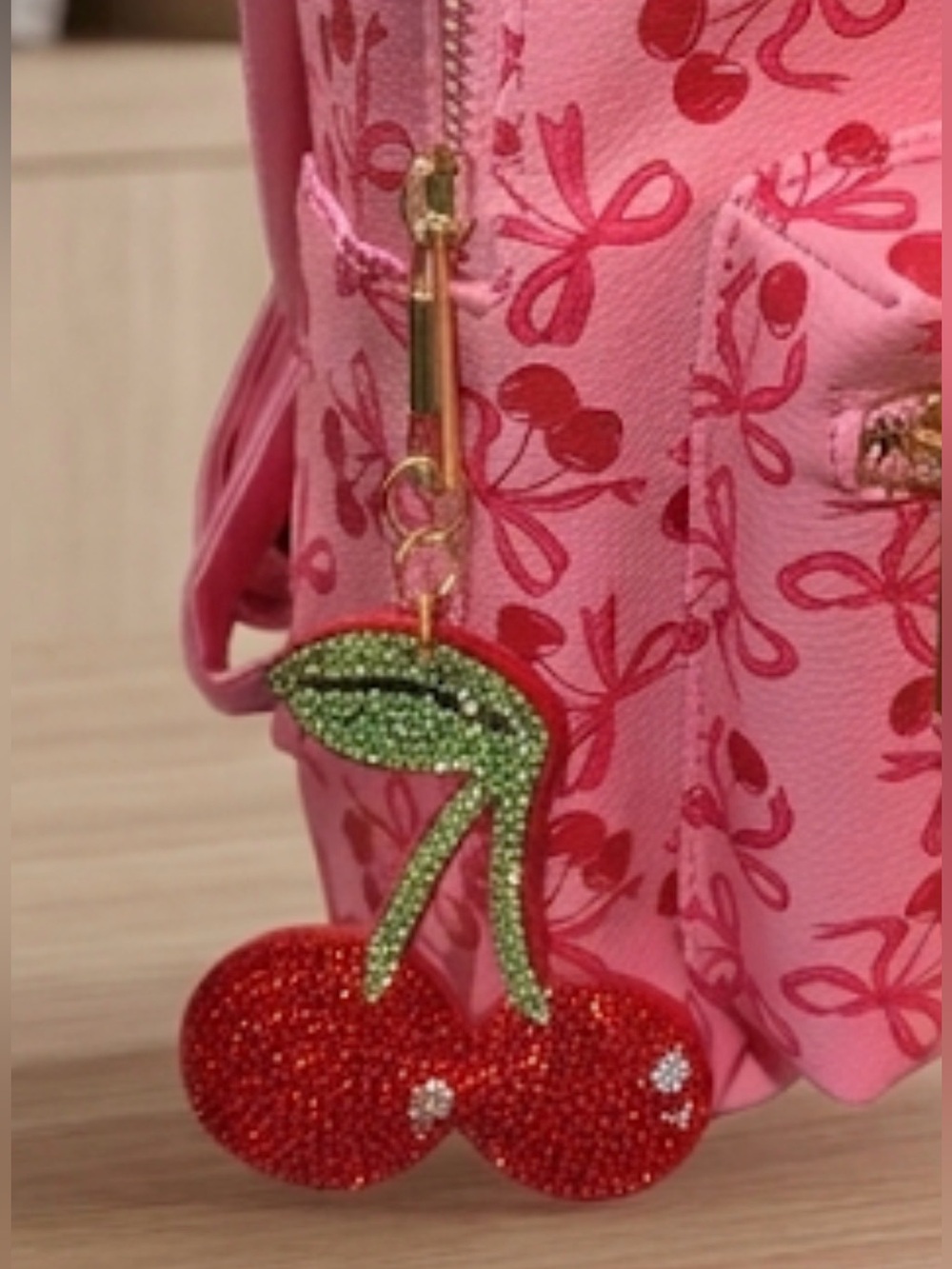 New Cherry Pink Mini Backpack Purse NWT With Cherry Rhinestone Bag Charm - Picture 3 of 5